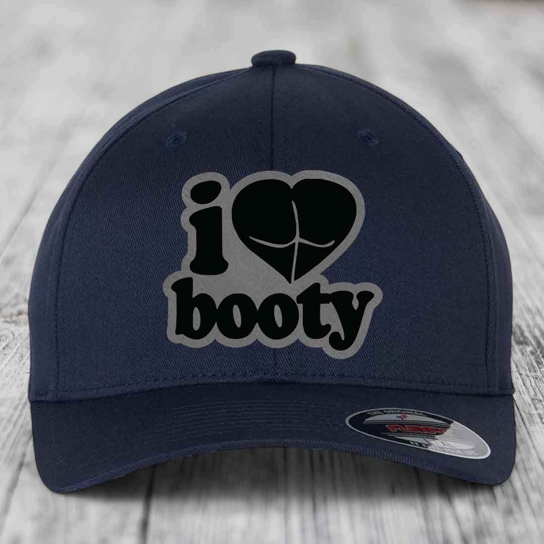 I Love Booty - Leather Patch Hat - Grey to Black Patch - Flexfit 6277 Fitted Hat