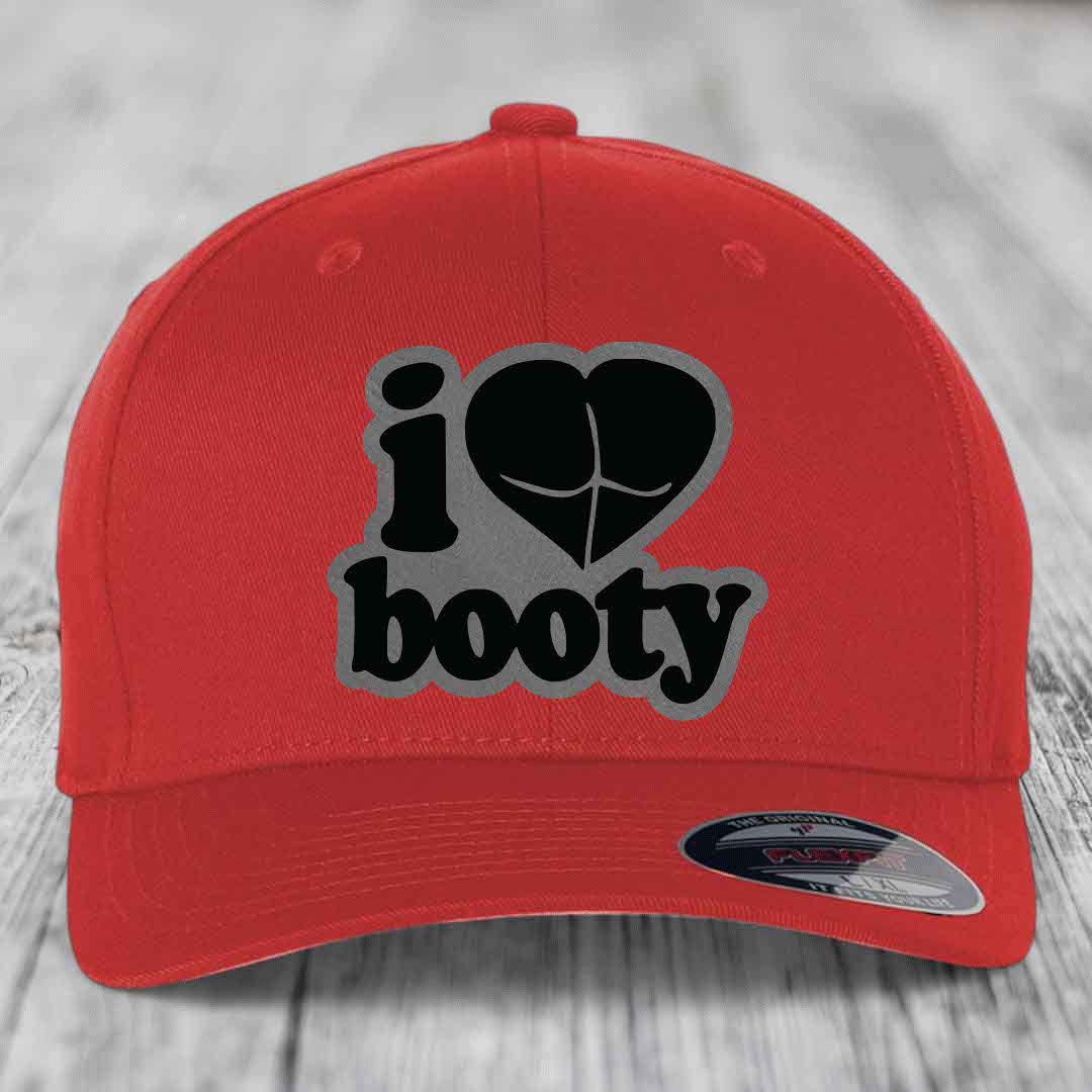 I Love Booty - Leather Patch Hat - Grey to Black Patch - Flexfit 6277 Fitted Hat