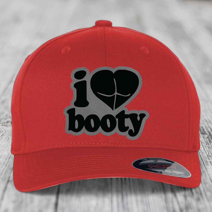 I Love Booty - Leather Patch Hat - Grey to Black Patch - Flexfit 6277 Fitted Hat