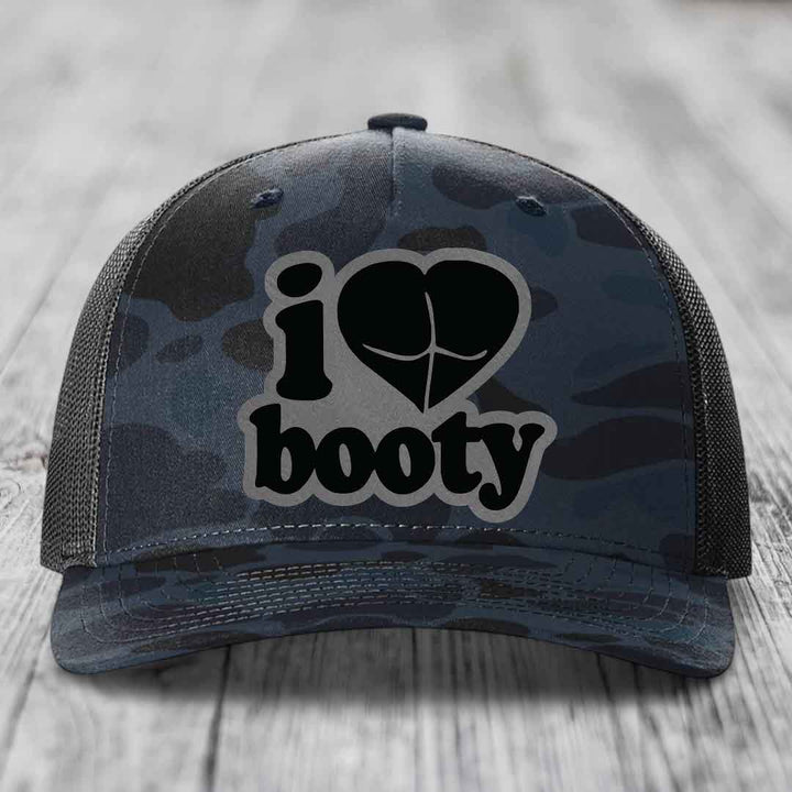 I Love Booty - Leather Patch Hat - Grey to Black Patch - Richardson 112PFP Snapback Trucker Hat
