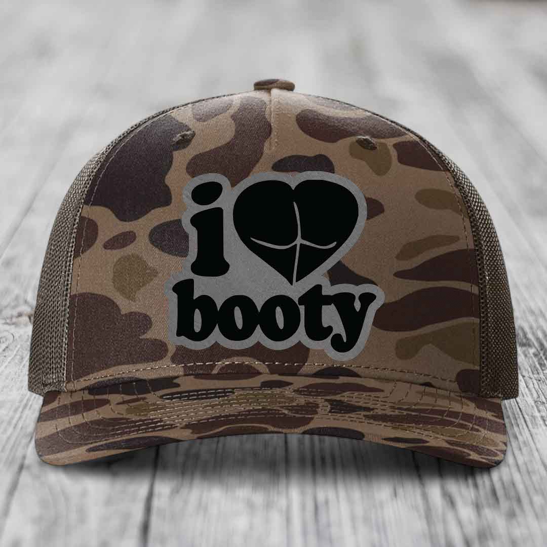 I Love Booty - Leather Patch Hat - Grey to Black Patch - Richardson 112PFP Snapback Trucker Hat
