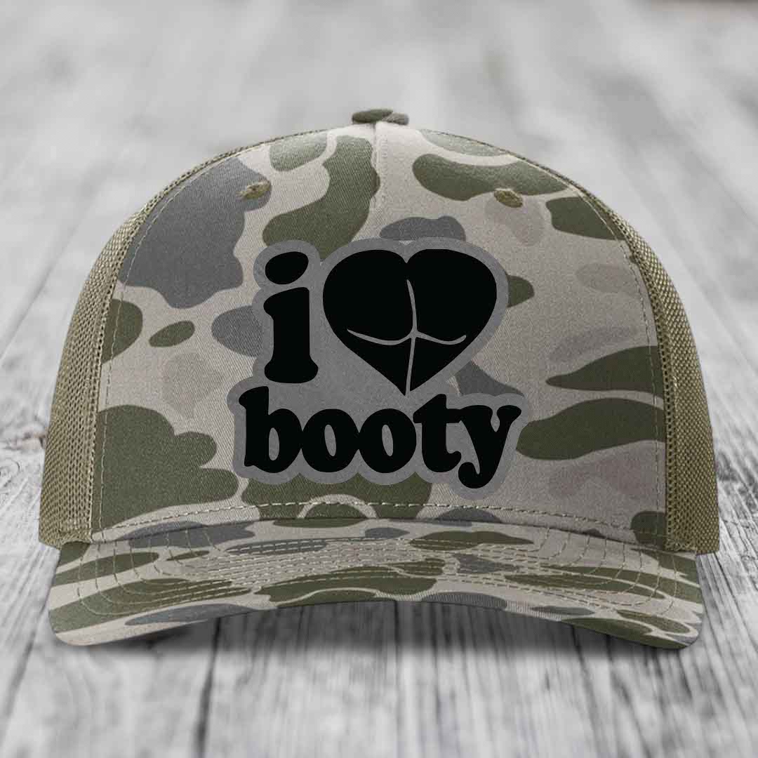 I Love Booty - Leather Patch Hat - Grey to Black Patch - Richardson 112PFP Snapback Trucker Hat