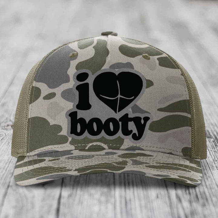 I Love Booty - Leather Patch Hat - Grey to Black Patch - Richardson 112PFP Snapback Trucker Hat