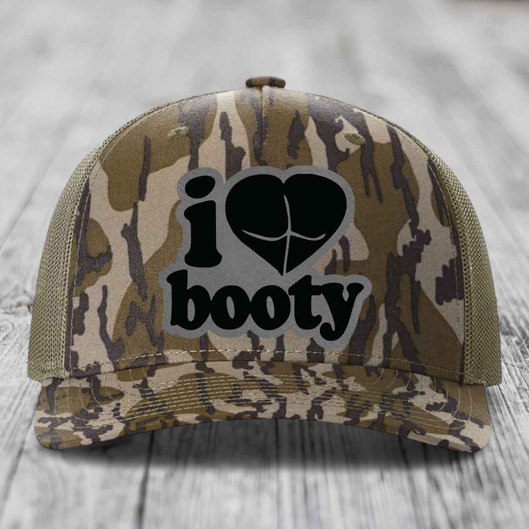 I Love Booty - Leather Patch Hat - Grey to Black Patch - Richardson 112PFP Snapback Trucker Hat