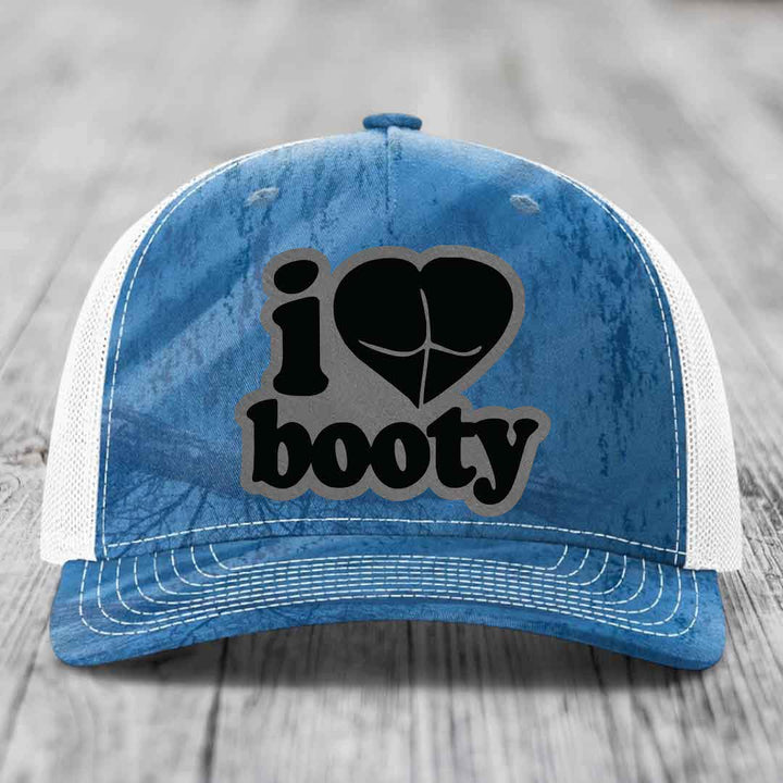 I Love Booty - Leather Patch Hat - Grey to Black Patch - Richardson 112PFP Snapback Trucker Hat