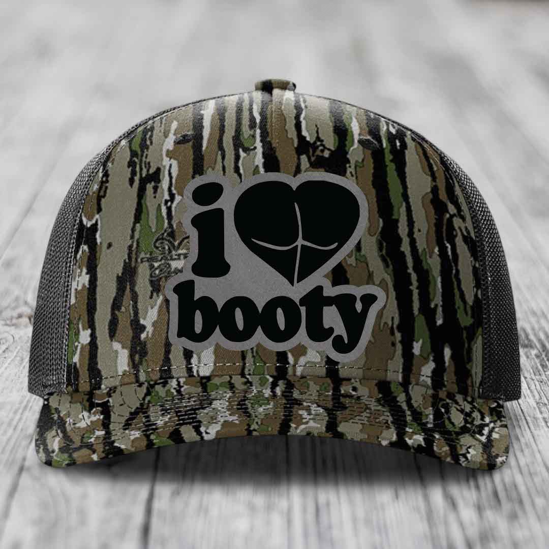 I Love Booty - Leather Patch Hat - Grey to Black Patch - Richardson 112PFP Snapback Trucker Hat