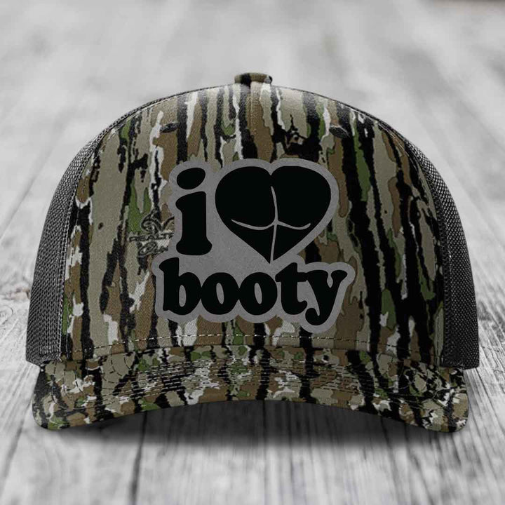 I Love Booty - Leather Patch Hat - Grey to Black Patch - Richardson 112PFP Snapback Trucker Hat