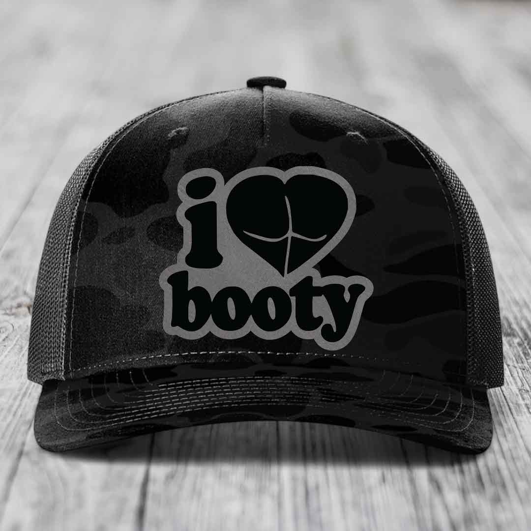 I Love Booty - Leather Patch Hat - Grey to Black Patch - Richardson 112PFP Snapback Trucker Hat