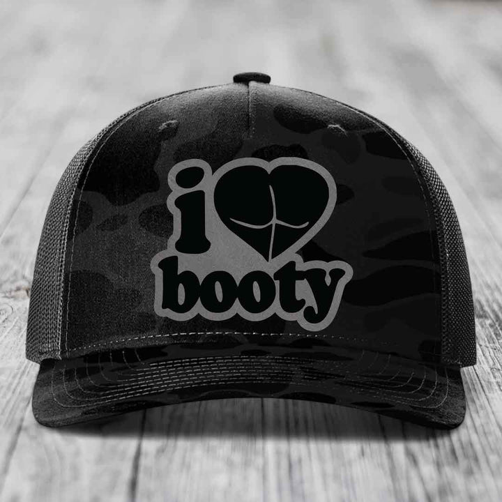 I Love Booty - Leather Patch Hat - Grey to Black Patch - Richardson 112PFP Snapback Trucker Hat