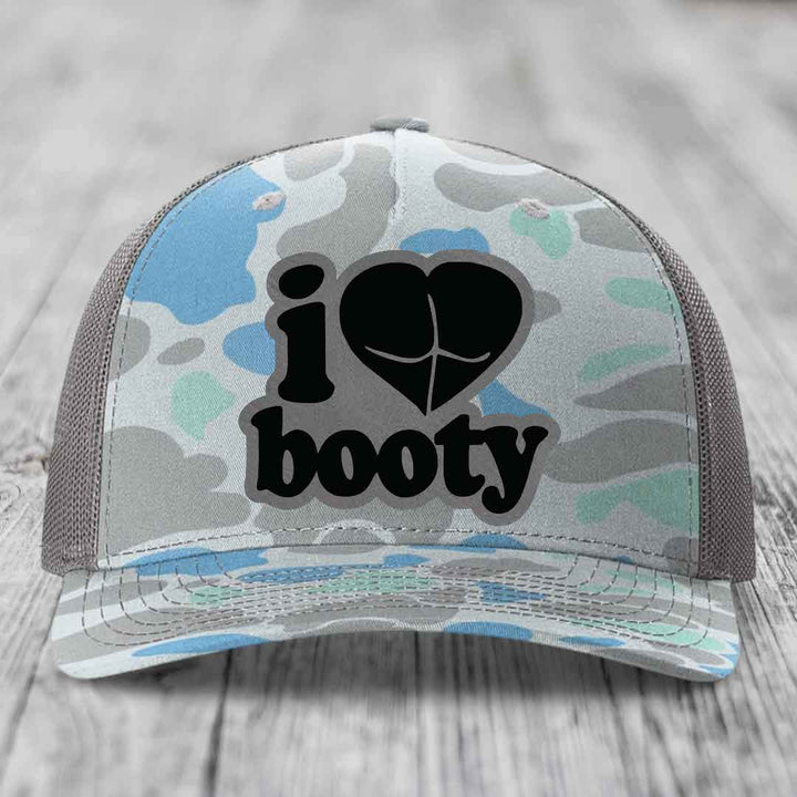 I Love Booty - Leather Patch Hat - Grey to Black Patch - Richardson 112PFP Snapback Trucker Hat