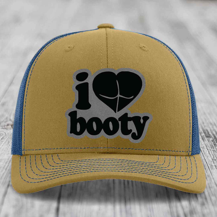 I Love Booty - Leather Patch Hat - Grey to Black Patch - Richardson 112 Snapback Trucker Hat