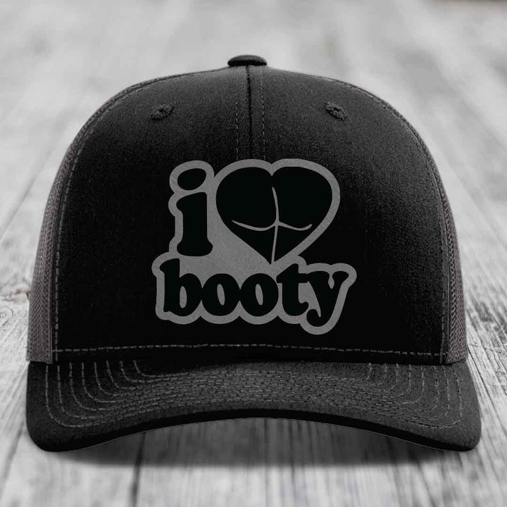 I Love Booty - Leather Patch Hat - Grey to Black Patch - Richardson 112 Snapback Trucker Hat