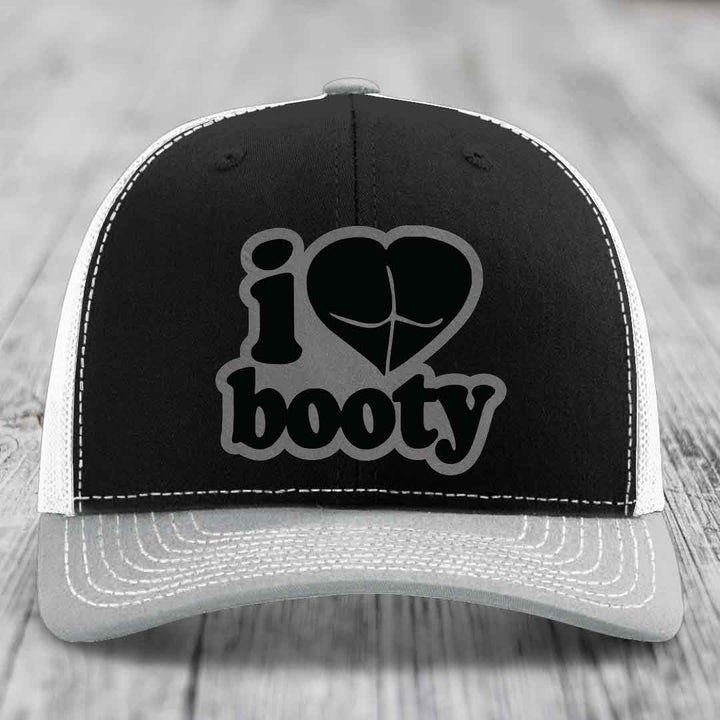 I Love Booty - Leather Patch Hat - Grey to Black Patch - Richardson 112 Snapback Trucker Hat
