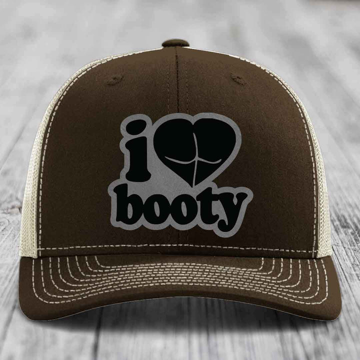 I Love Booty - Leather Patch Hat - Grey to Black Patch - Richardson 112 Snapback Trucker Hat