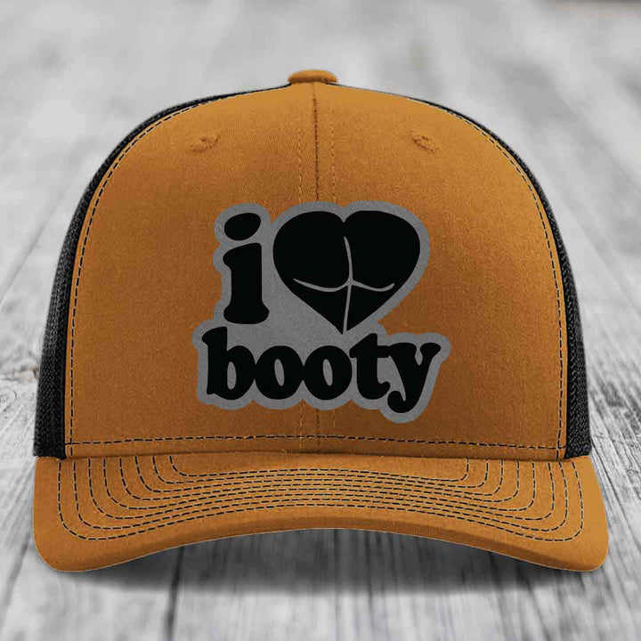 I Love Booty - Leather Patch Hat - Grey to Black Patch - Richardson 112 Snapback Trucker Hat