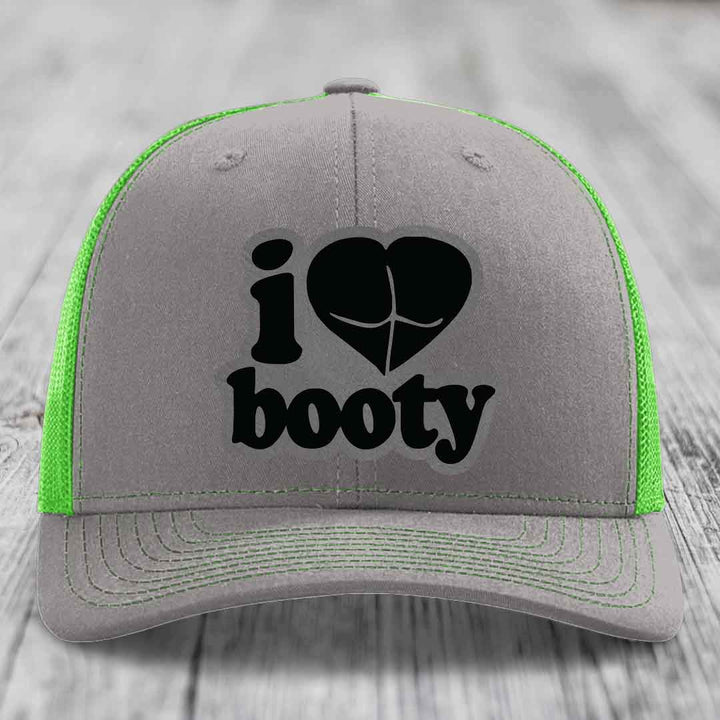 I Love Booty - Leather Patch Hat - Grey to Black Patch - Richardson 112 Snapback Trucker Hat
