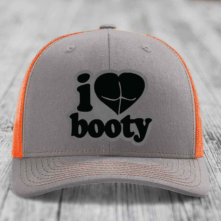 I Love Booty - Leather Patch Hat - Grey to Black Patch - Richardson 112 Snapback Trucker Hat