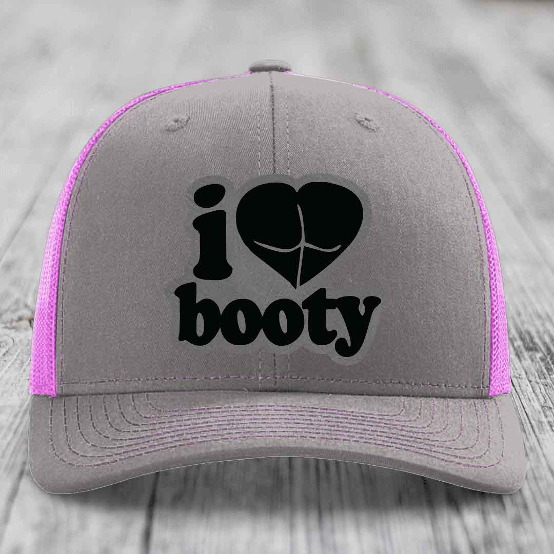 I Love Booty - Leather Patch Hat - Grey to Black Patch - Richardson 112 Snapback Trucker Hat