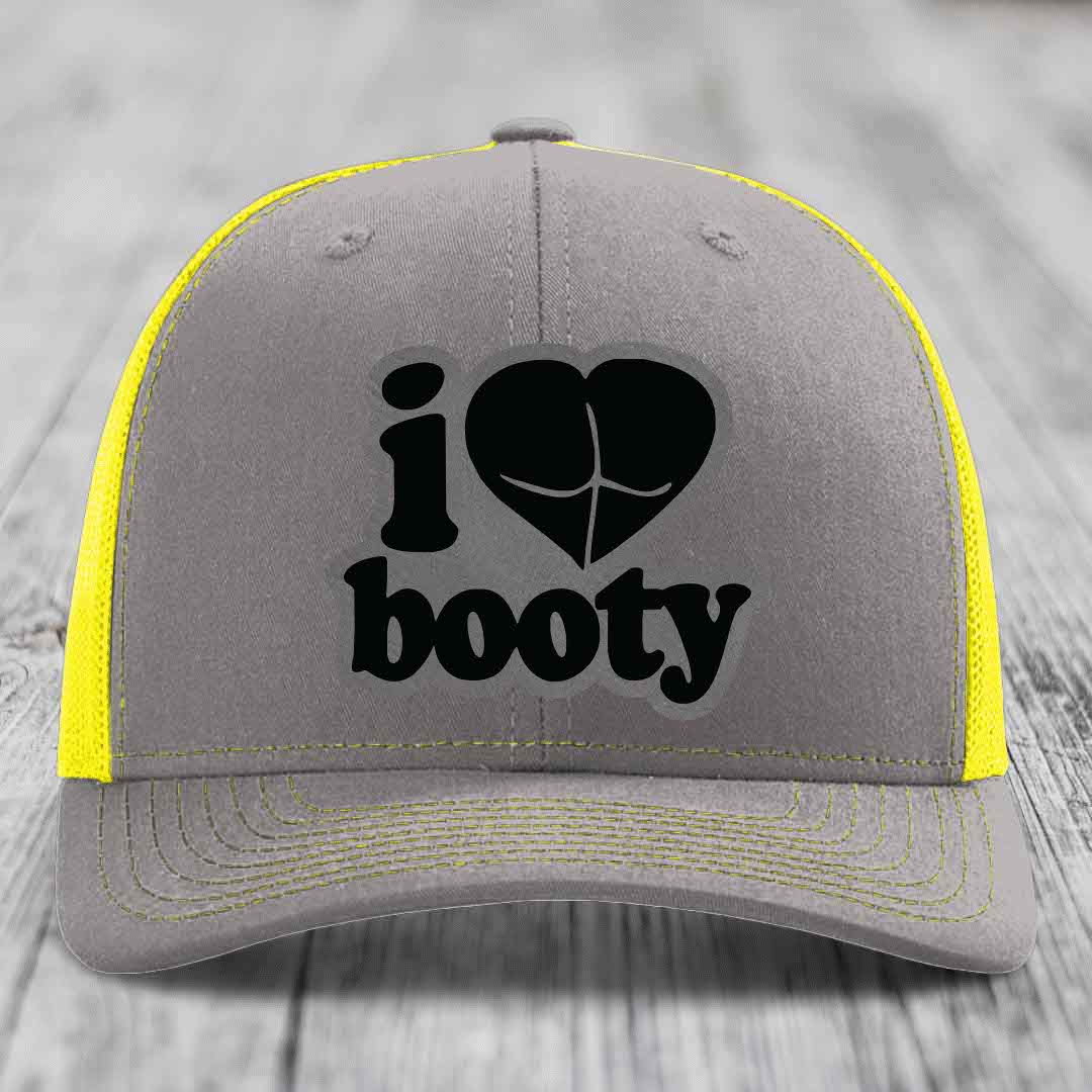 I Love Booty - Leather Patch Hat - Grey to Black Patch - Richardson 112 Snapback Trucker Hat