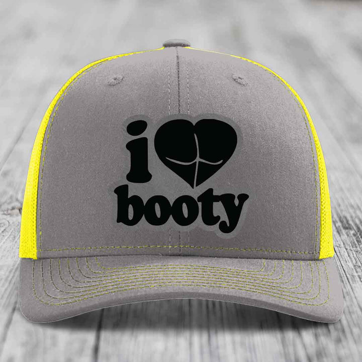 I Love Booty - Leather Patch Hat - Grey to Black Patch - Richardson 112 Snapback Trucker Hat