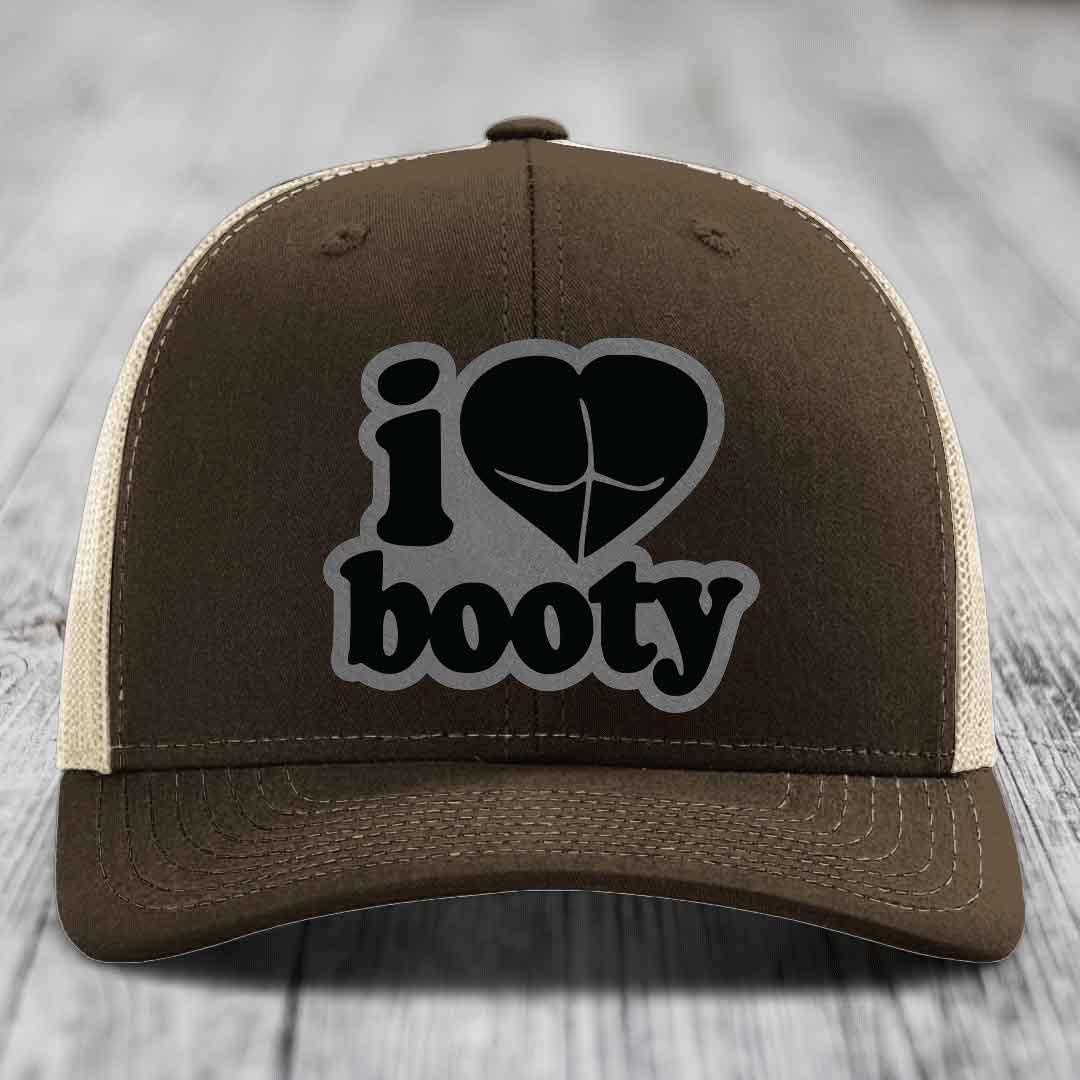 I Love Booty - Leather Patch Hat - Grey to Black Patch - Richardson 112 Snapback Trucker Hat