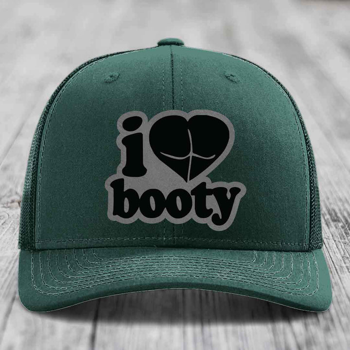 I Love Booty - Leather Patch Hat - Grey to Black Patch - Richardson 112 Snapback Trucker Hat