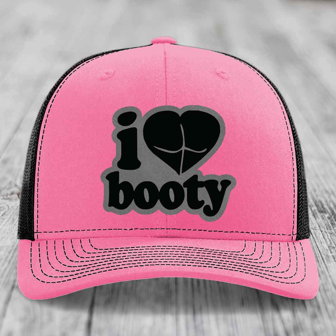 I Love Booty - Leather Patch Hat - Grey to Black Patch - Richardson 112 Snapback Trucker Hat