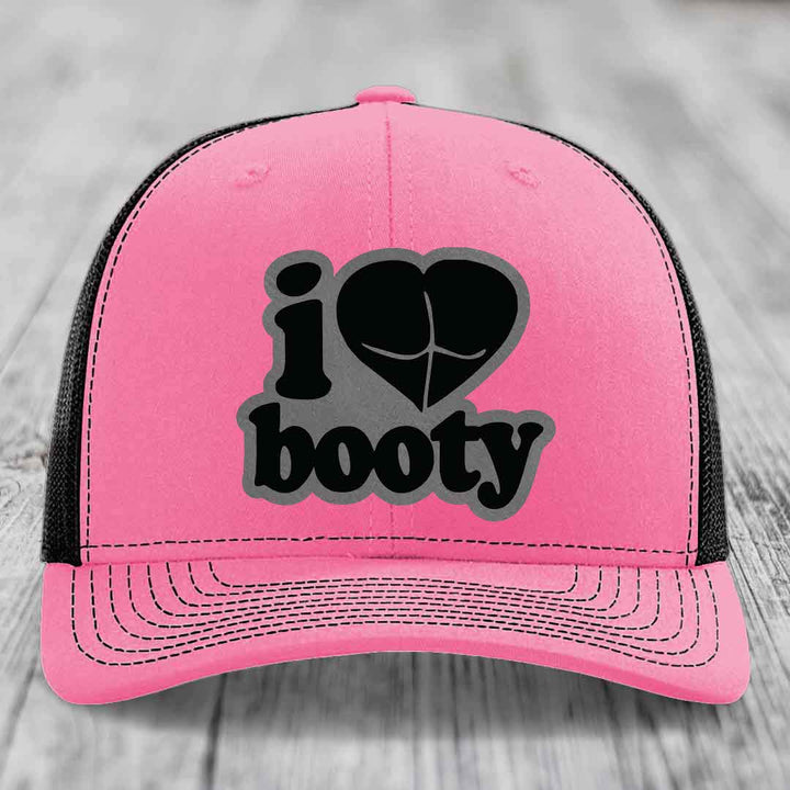 I Love Booty - Leather Patch Hat - Grey to Black Patch - Richardson 112 Snapback Trucker Hat