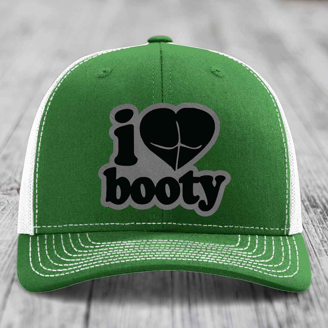 I Love Booty - Leather Patch Hat - Grey to Black Patch - Richardson 112 Snapback Trucker Hat