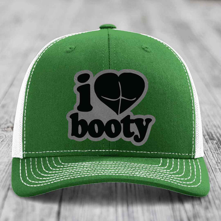 I Love Booty - Leather Patch Hat - Grey to Black Patch - Richardson 112 Snapback Trucker Hat