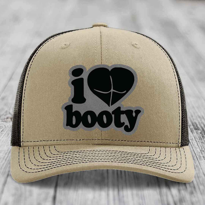 I Love Booty - Leather Patch Hat - Grey to Black Patch - Richardson 112 Snapback Trucker Hat