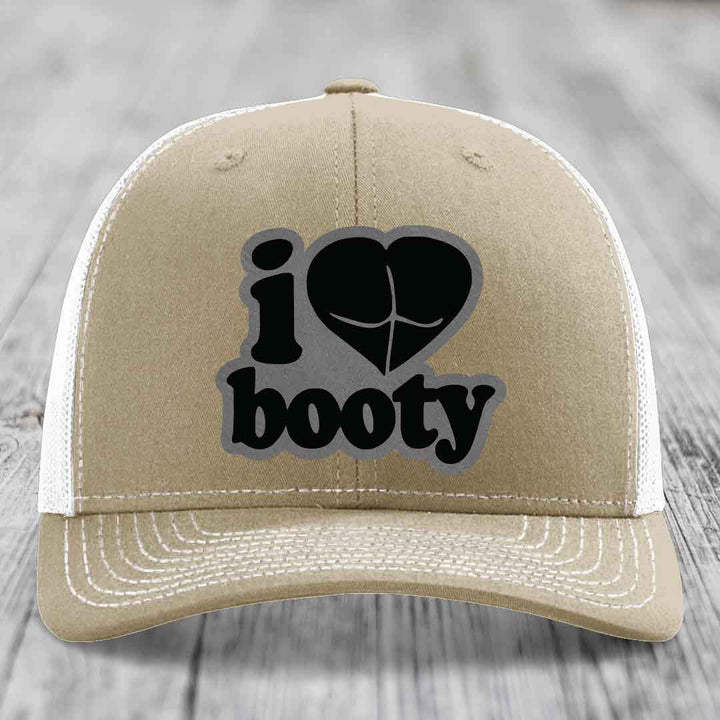 I Love Booty - Leather Patch Hat - Grey to Black Patch - Richardson 112 Snapback Trucker Hat