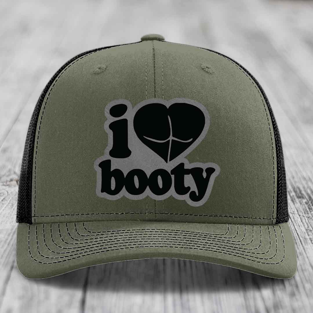 I Love Booty - Leather Patch Hat - Grey to Black Patch - Richardson 112 Snapback Trucker Hat