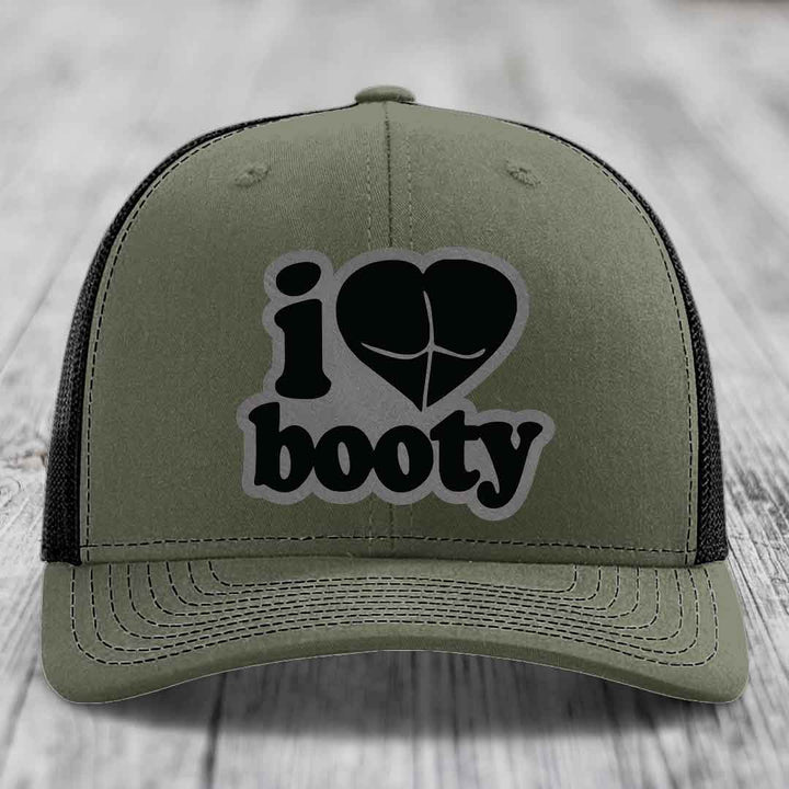 I Love Booty - Leather Patch Hat - Grey to Black Patch - Richardson 112 Snapback Trucker Hat
