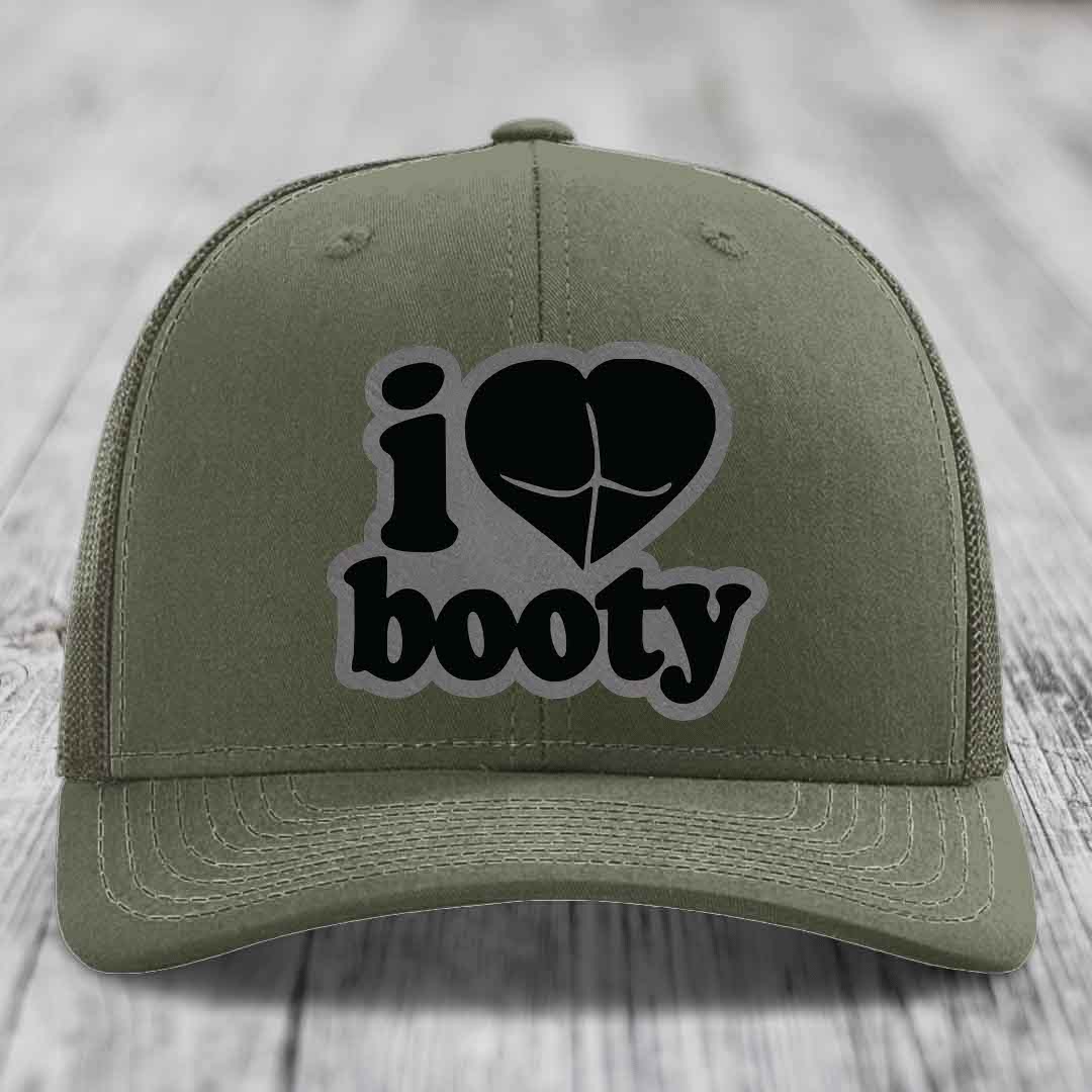 I Love Booty - Leather Patch Hat - Grey to Black Patch - Richardson 112 Snapback Trucker Hat