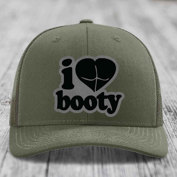 I Love Booty - Leather Patch Hat - Grey to Black Patch - Richardson 112 Snapback Trucker Hat