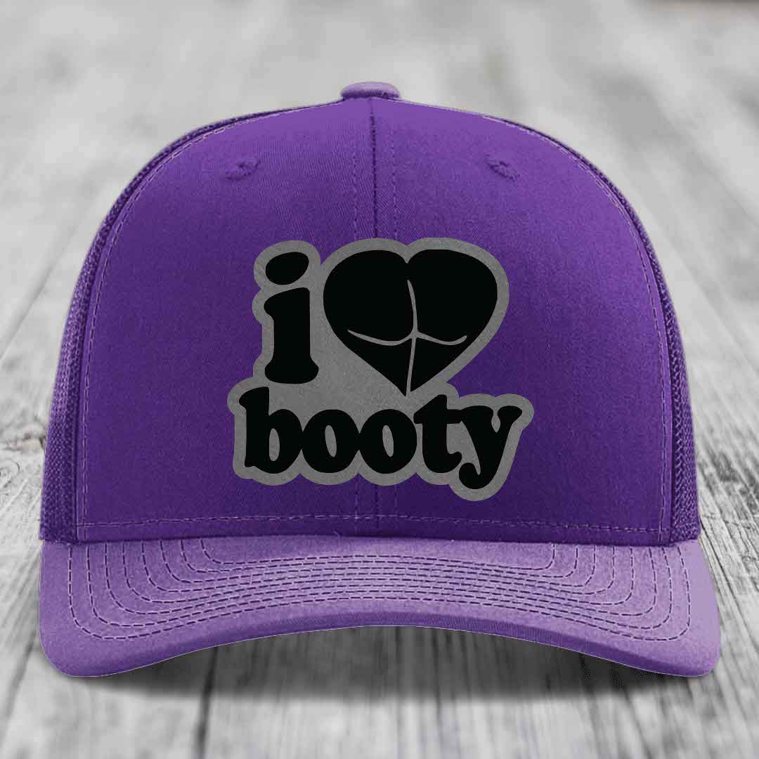I Love Booty - Leather Patch Hat - Grey to Black Patch - Richardson 112 Snapback Trucker Hat