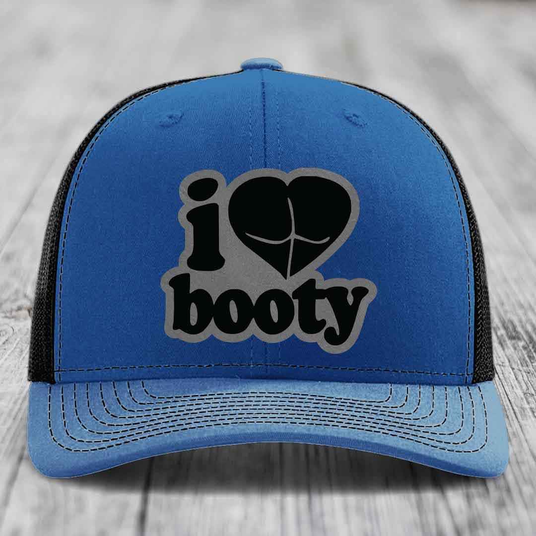 I Love Booty - Leather Patch Hat - Grey to Black Patch - Richardson 112 Snapback Trucker Hat