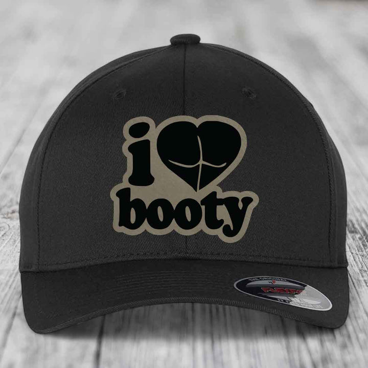 I Love Booty - Leather Patch Hat - Light Brown to Black Patch - Flexfit 6277 Fitted Hat