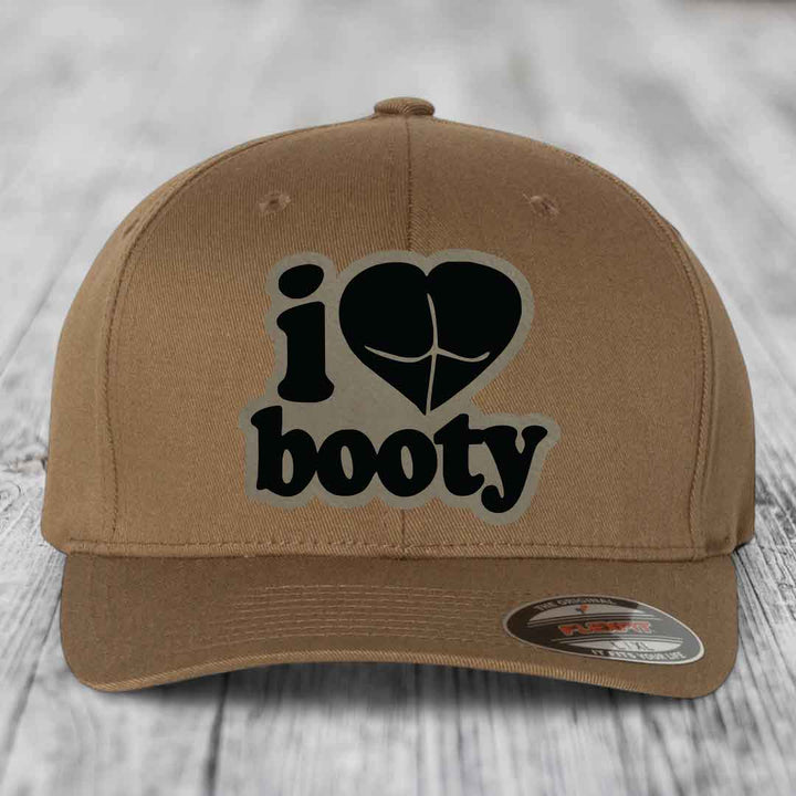 I Love Booty - Leather Patch Hat - Light Brown to Black Patch - Flexfit 6277 Fitted Hat