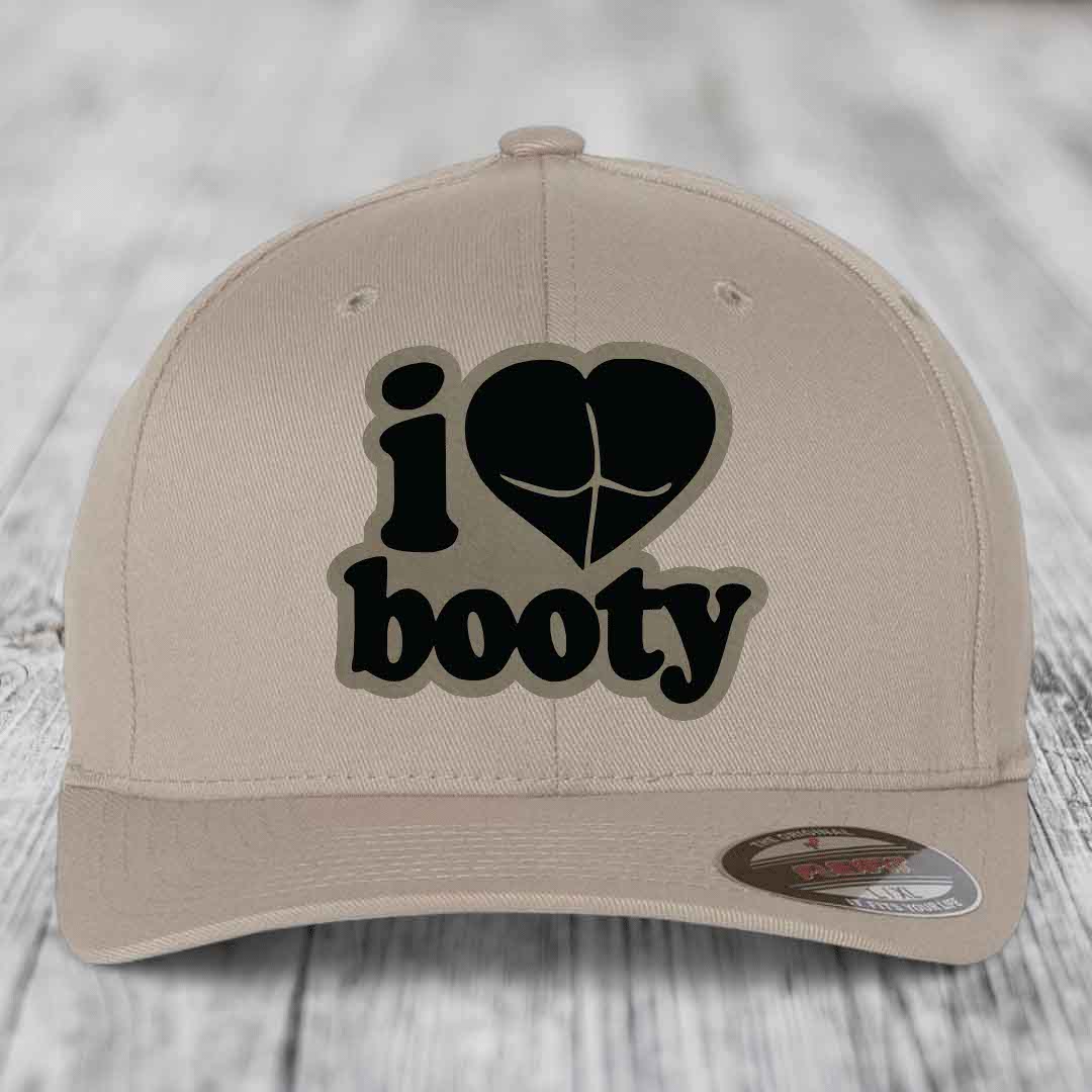 I Love Booty - Leather Patch Hat - Light Brown to Black Patch - Flexfit 6277 Fitted Hat