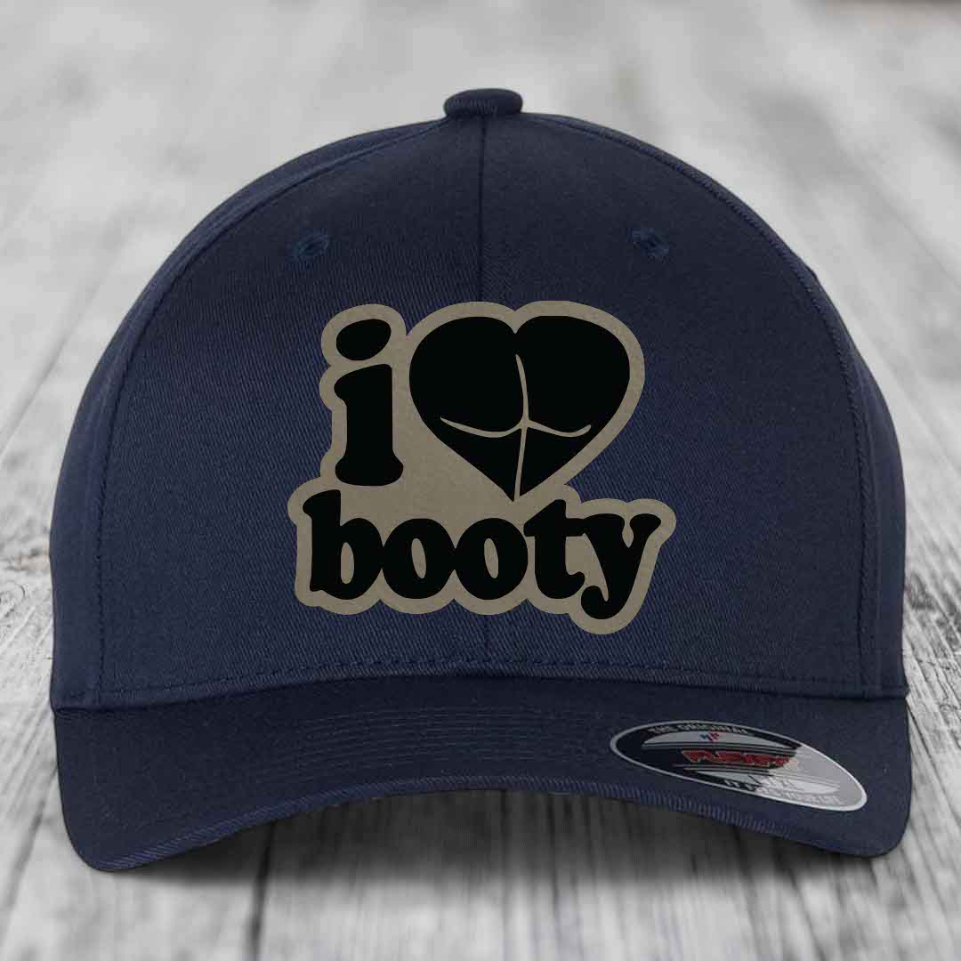I Love Booty - Leather Patch Hat - Light Brown to Black Patch - Flexfit 6277 Fitted Hat