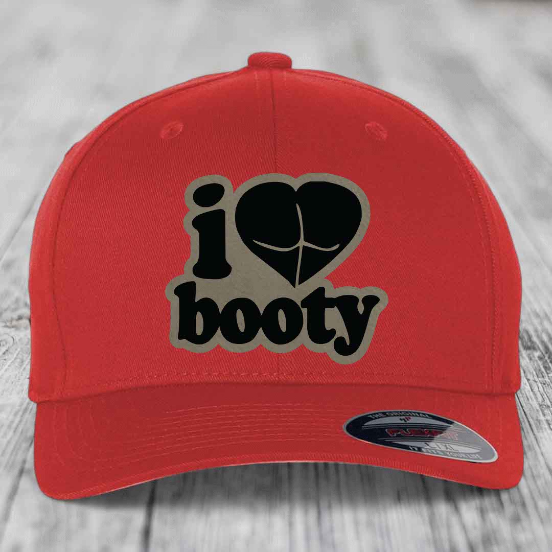 I Love Booty - Leather Patch Hat - Light Brown to Black Patch - Flexfit 6277 Fitted Hat
