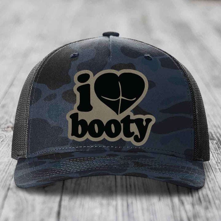I Love Booty - Leather Patch Hat - Light Brown to Black Patch - Richardson 112PFP Snapback Trucker Hat
