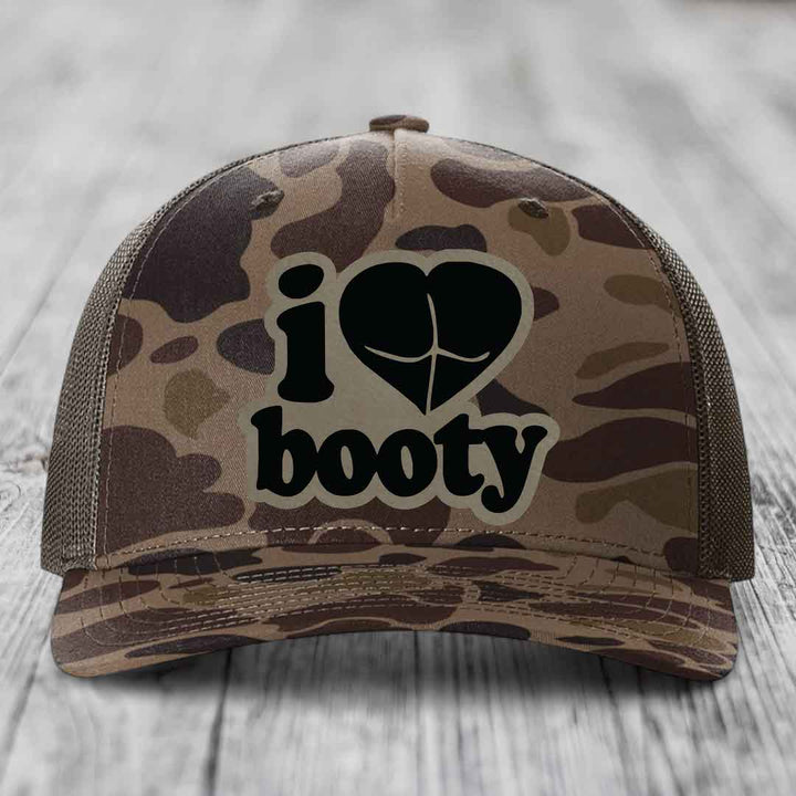 I Love Booty - Leather Patch Hat - Light Brown to Black Patch - Richardson 112PFP Snapback Trucker Hat