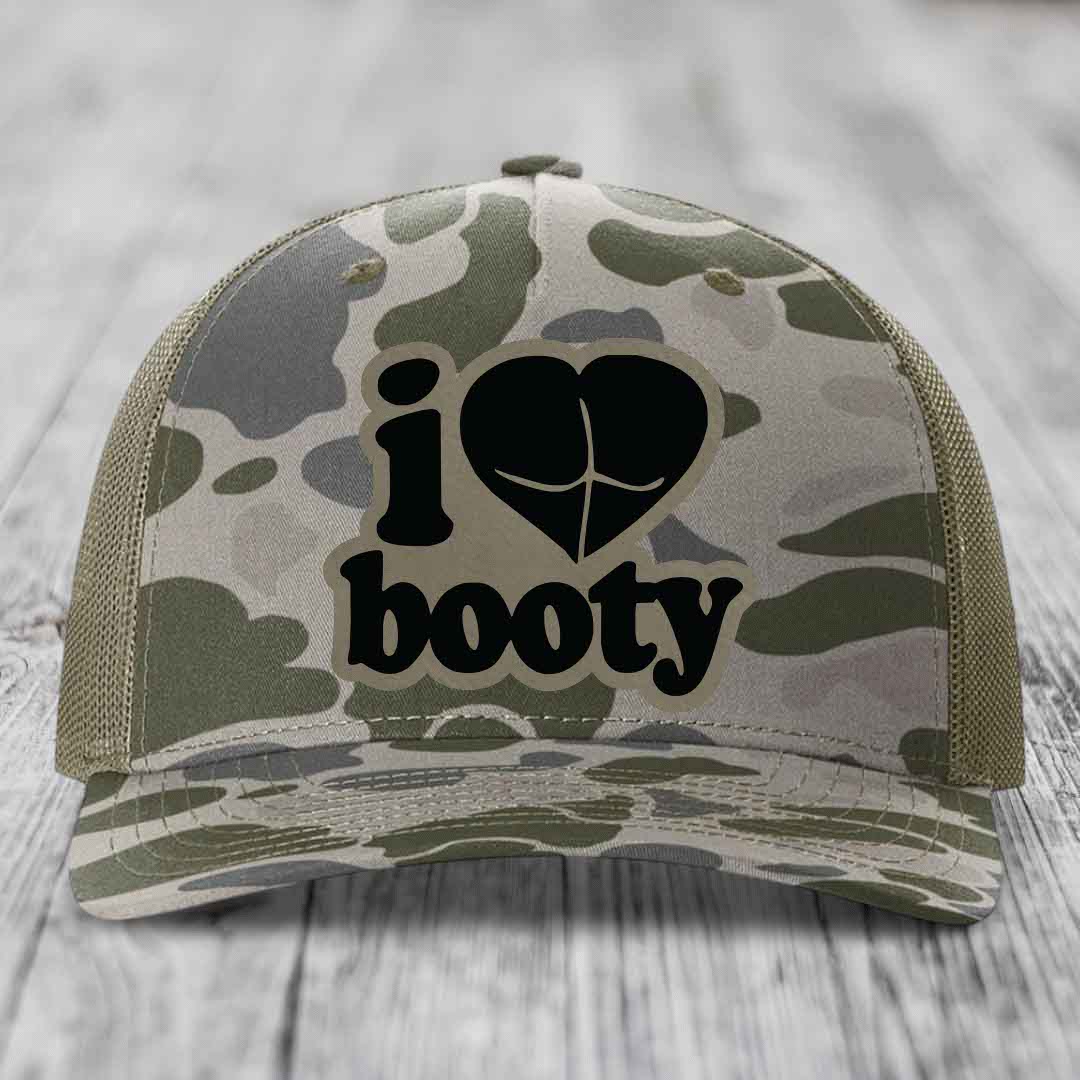 I Love Booty - Leather Patch Hat - Light Brown to Black Patch - Richardson 112PFP Snapback Trucker Hat
