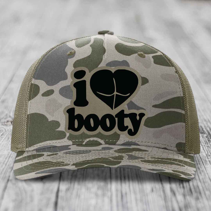 I Love Booty - Leather Patch Hat - Light Brown to Black Patch - Richardson 112PFP Snapback Trucker Hat