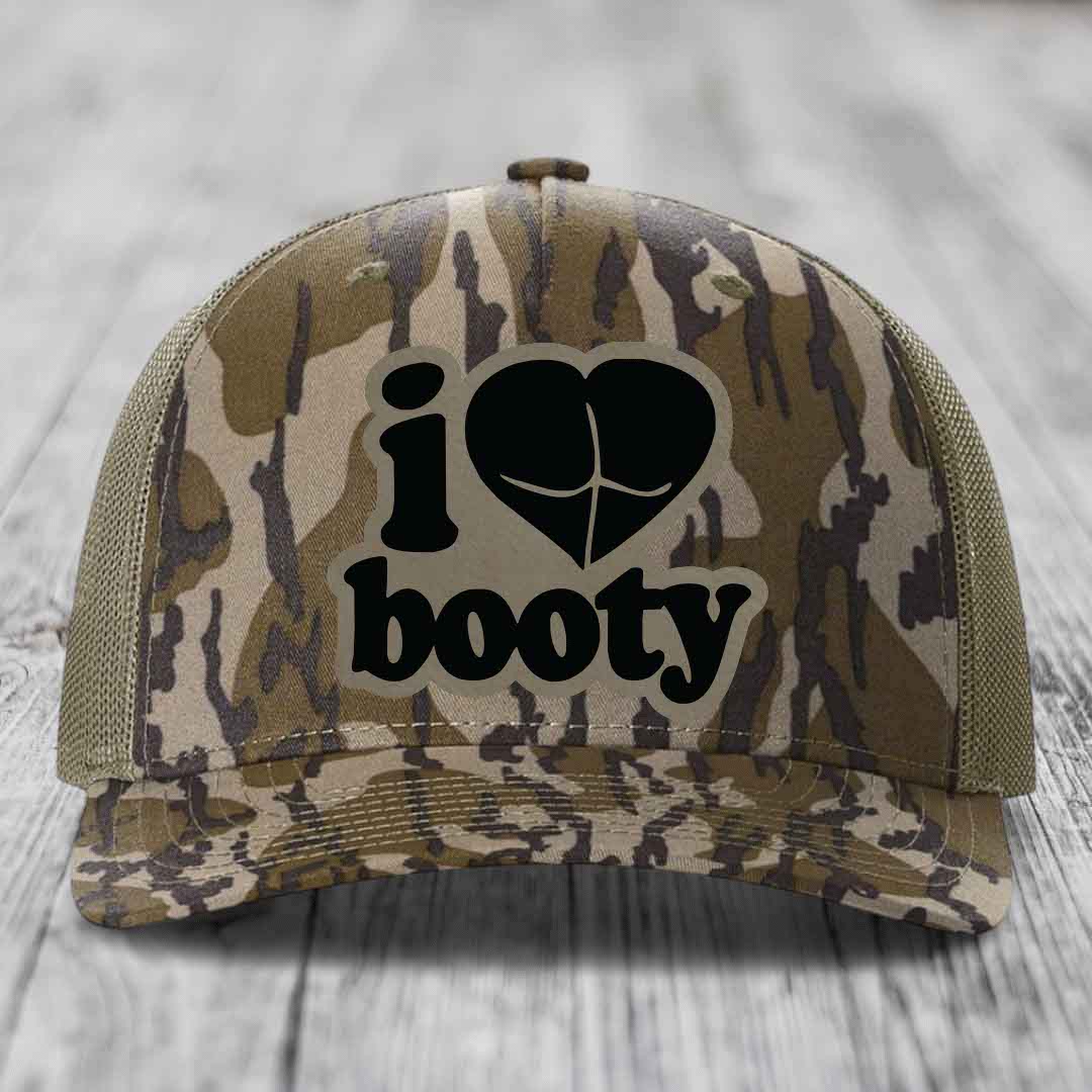 I Love Booty - Leather Patch Hat - Light Brown to Black Patch - Richardson 112PFP Snapback Trucker Hat