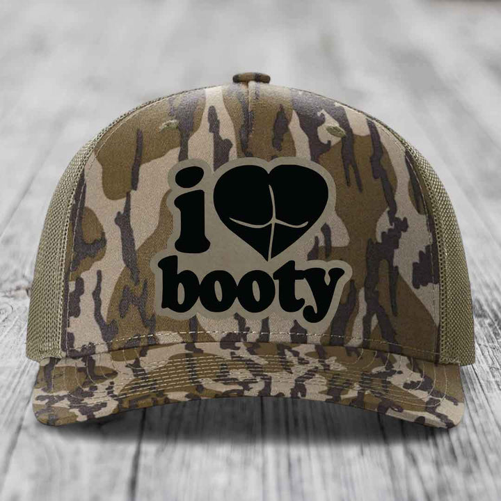 I Love Booty - Leather Patch Hat - Light Brown to Black Patch - Richardson 112PFP Snapback Trucker Hat