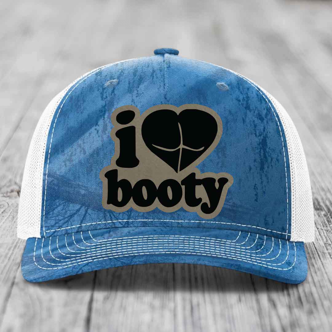 I Love Booty - Leather Patch Hat - Light Brown to Black Patch - Richardson 112PFP Snapback Trucker Hat